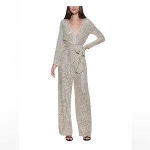 Eliza J Sequin Faux Wrap Long Sleeve Surplice V-Neck Tie Waist Jumpsuit